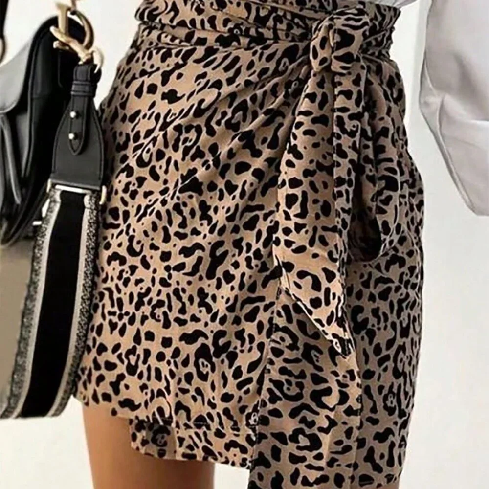 Khaki Casual Women's Leopard Print Twist Knot Mini Skirt - Picture 1 of 8
